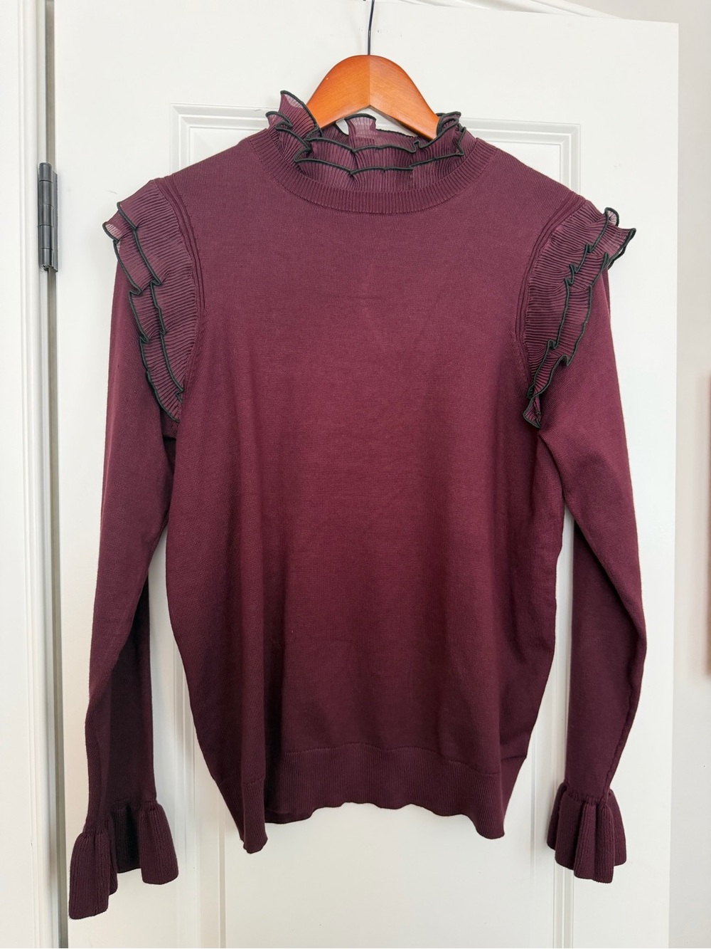 River Island Women's Ruffle Trim Mock Neck Sweater - Burgundy